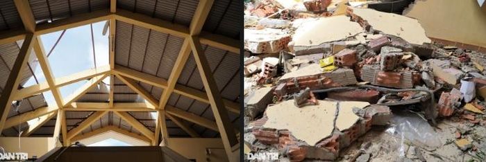 Một bức tường kiên cố trên tầng 2 của chợ thị trấn Cửa Việt bị lốc xoáy quần thảo "đánh" sập. Nhiều vị trí mái tôn của chợ này cũng bị cuốn phăng.